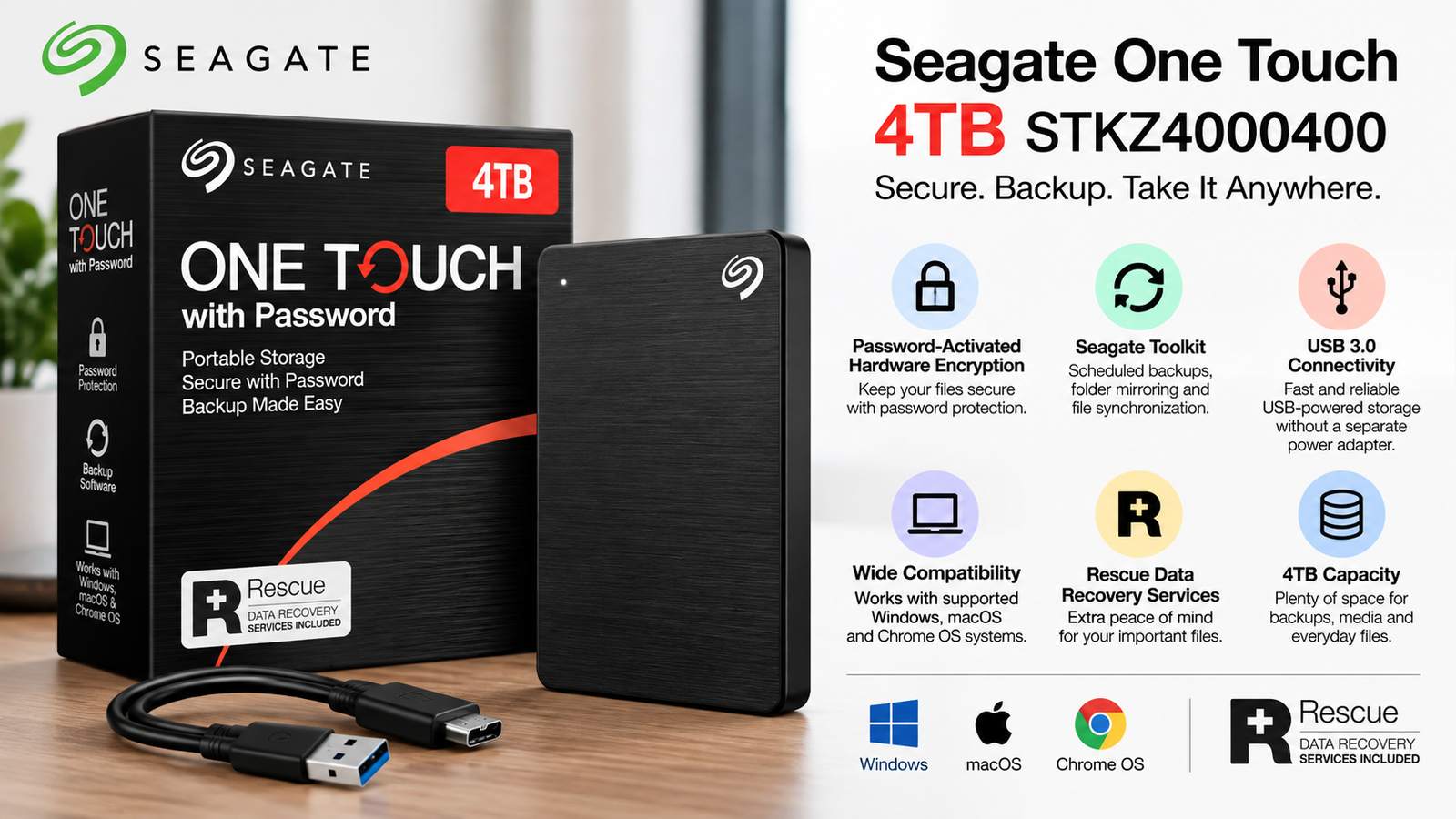 Seagate One Touch 4TB Portable External Hard Drive with Password Protection, USB 3.0, Hardware Encryption, Backup Software, Rescue Data Recovery Services, Black | STKZ4000400